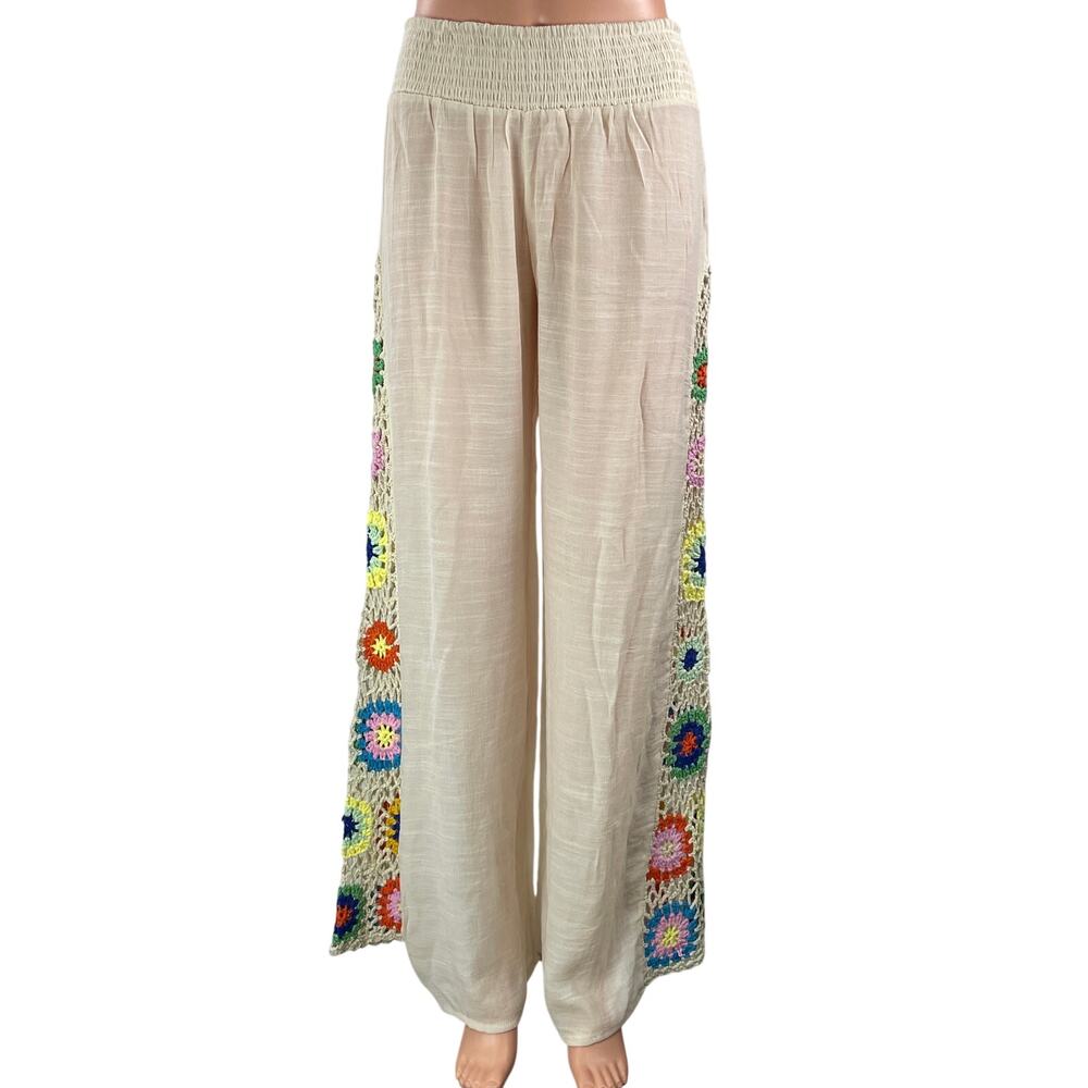 Elan Women Beige Floral Crochet Knit High Rise Smocked Wide Leg Trousers Pants M